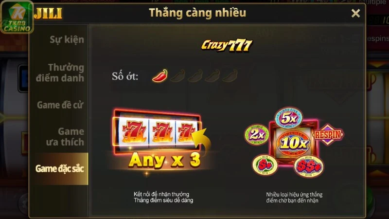 Sự đặc sắc trong các tính năng của Crazy 777